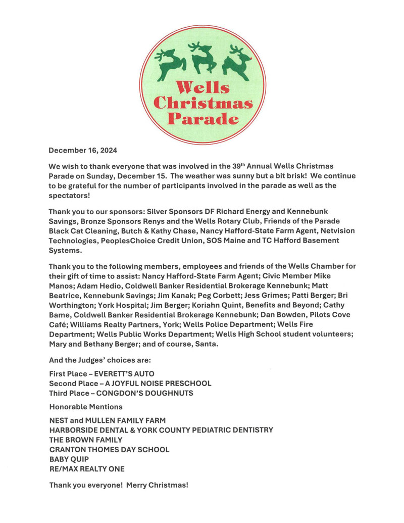 Wells Christmas Parade - Thank you from Wells Chamber of Commerce Wells Christmas Parade - Thank you from Wells Chamber of Commerce